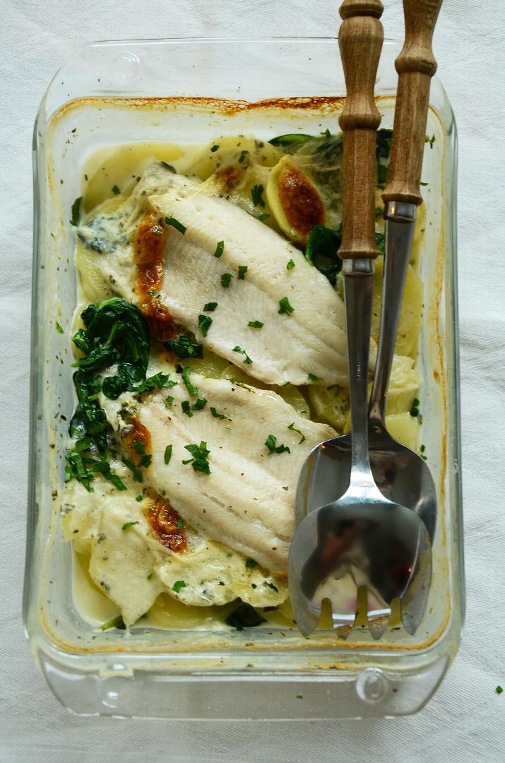 Kartoffelgratin mit Felchenfilets und Spinat